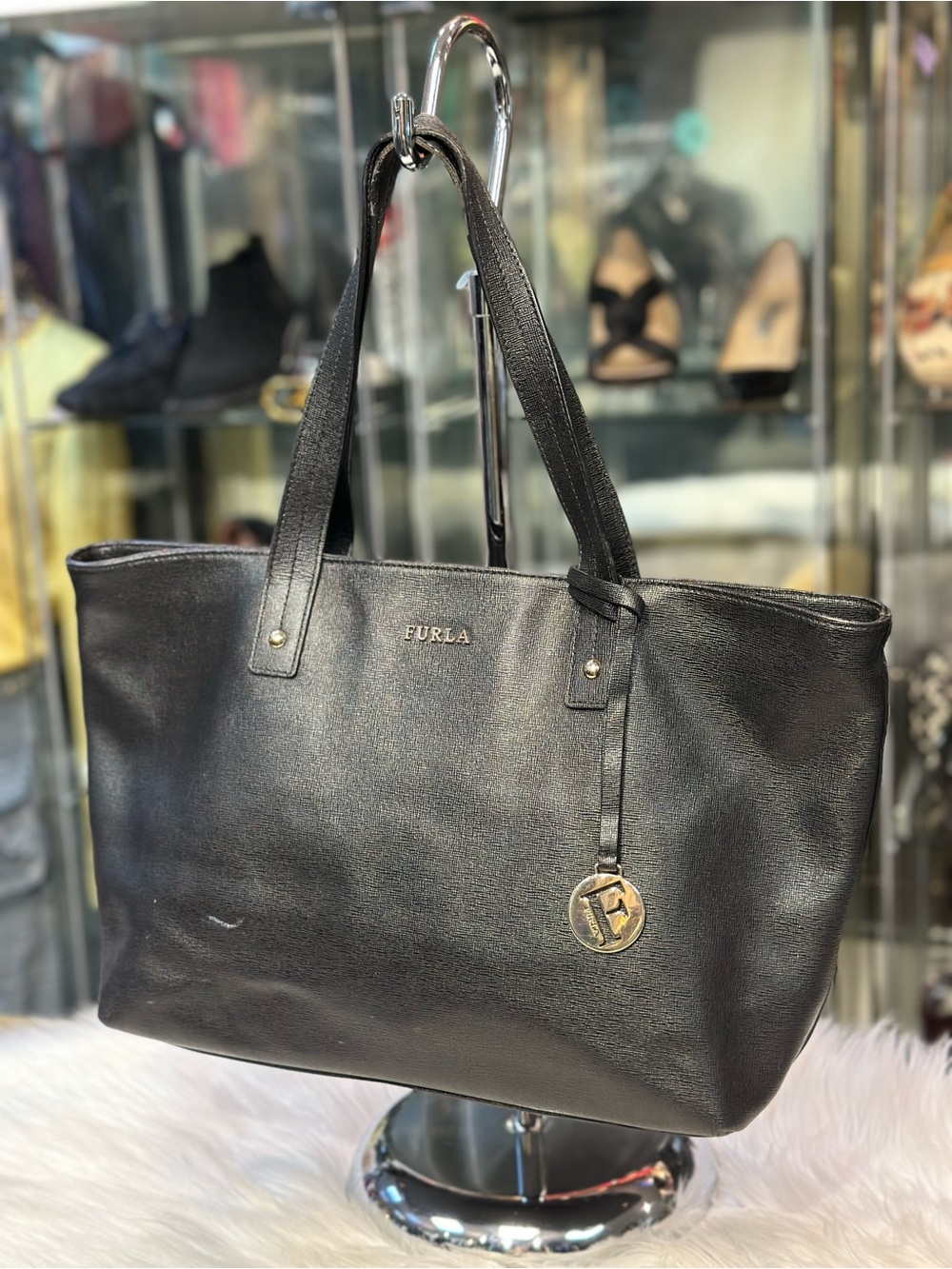 Furla Black Leather Shopper Tote with Gold Charm